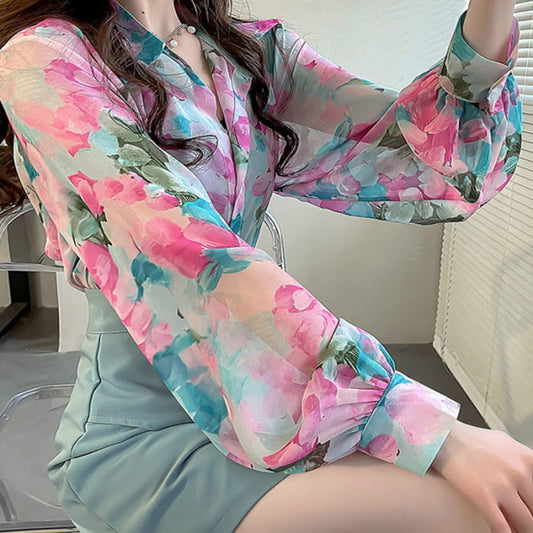 Fashion Flowers Colorful Long Sleeve Shirt - Pink / One Size