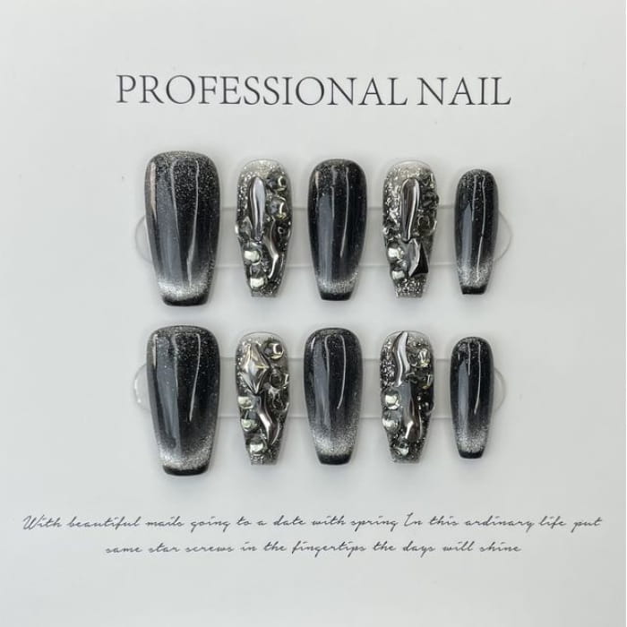 Faux Crystal Nail Tips - 602 - Long Trapezoid - Black / XS