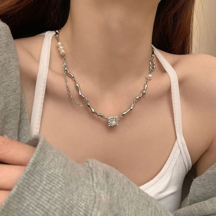 Faux Crystal Pendant Layered Alloy Choker - H1227 - White