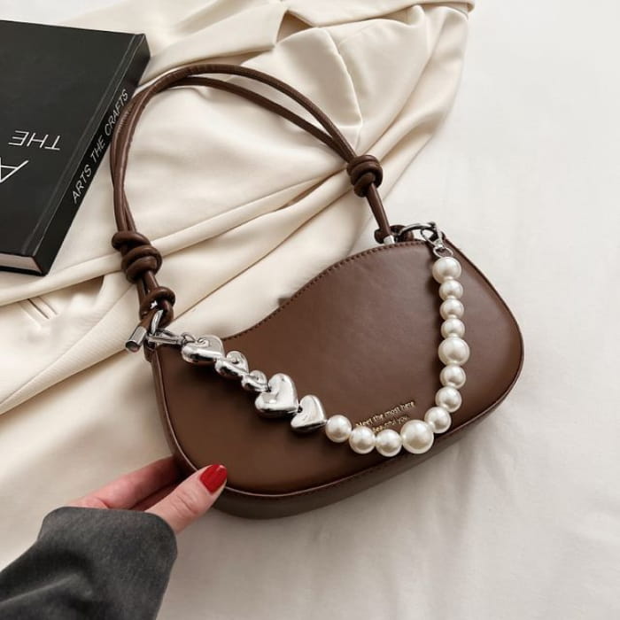 Faux Leather Pearl Strap Shoulder Bag - Coffee / One Size