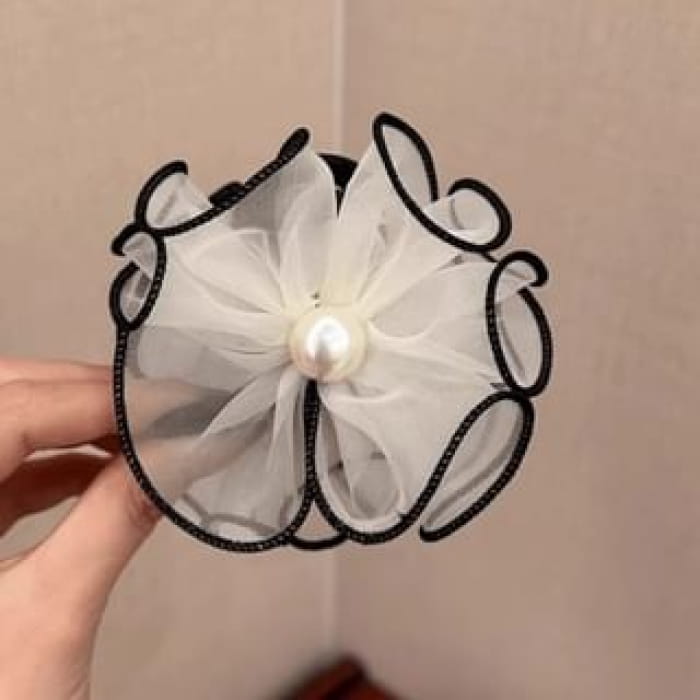 Faux Pearl Ruffle Trim Hair Tie - 01 - & Flower - Off-White