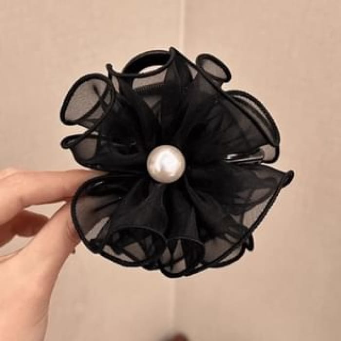 Faux Pearl Ruffle Trim Hair Tie - 02 - & Flower - Black