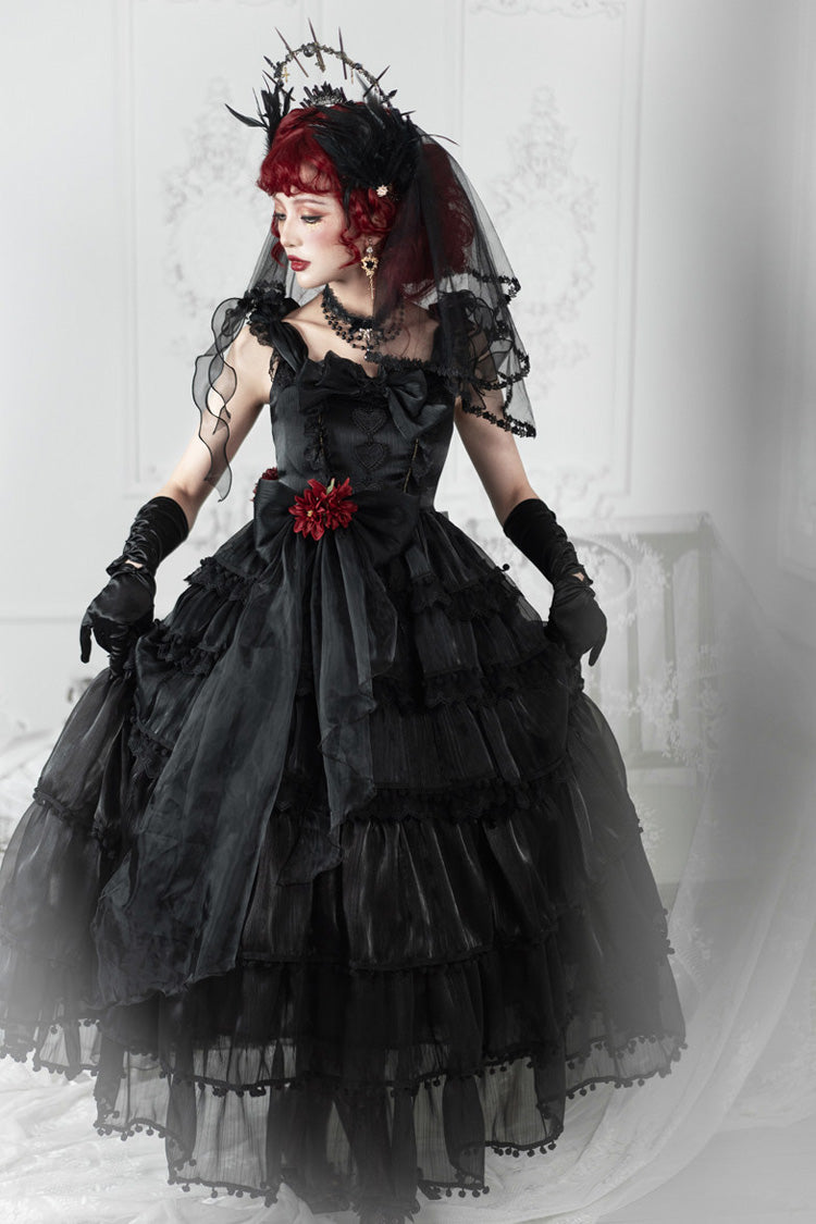 Hanayome Gothic Lolita JSK Dress with Pearl and Bow, Black