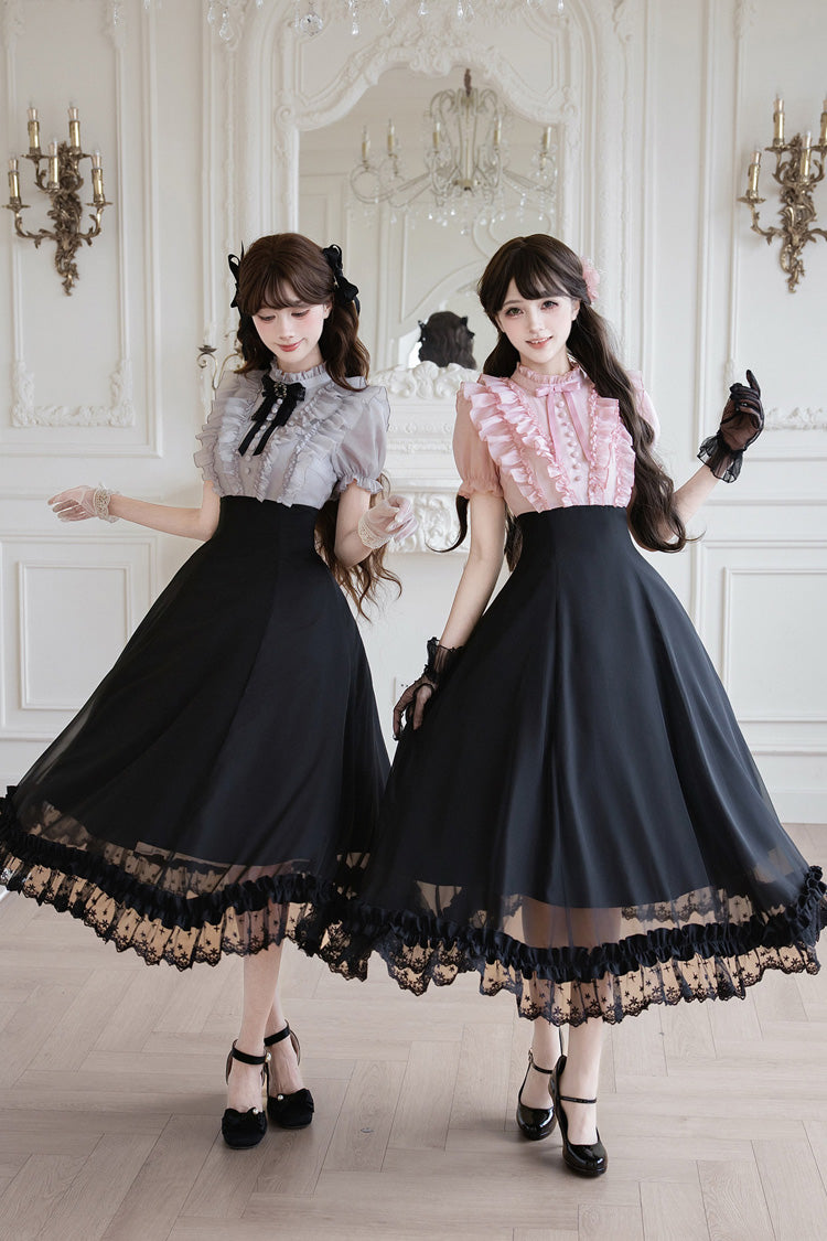 Miss Lola Snow Kiss Stand Collar Short Puff Sleeves Ruffled Color-Blocked Faux Two-Piece Sweet Lolita Long Dress 3 Colors - Black
