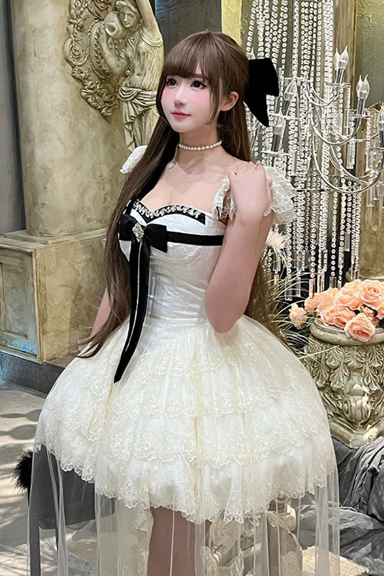 Cream Hepburn Heart Square Collar Sleeveless Multi-Layer Cut-Out Bow Lace Sweet Lolita JSK Dress