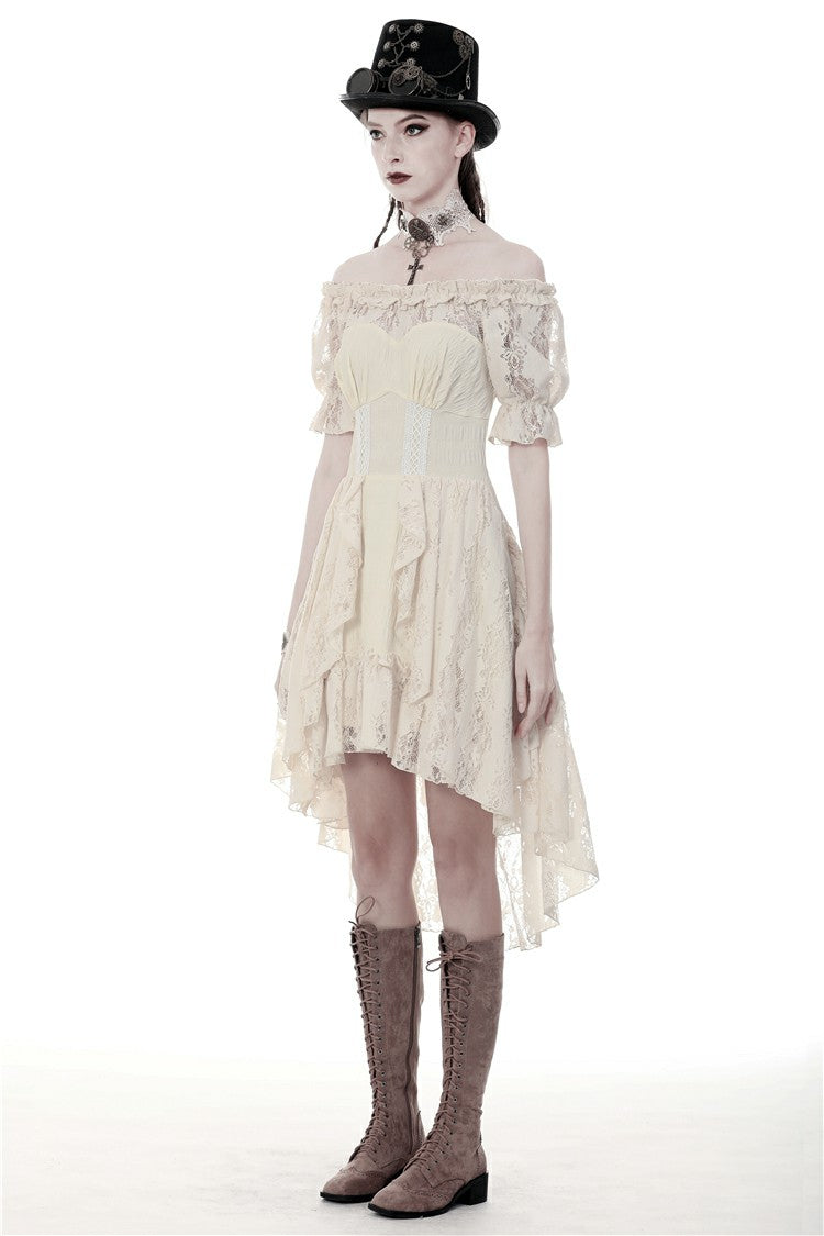 Beige Ruched Off-Shoulder Short Sleeve Steampunk Vintage Gown