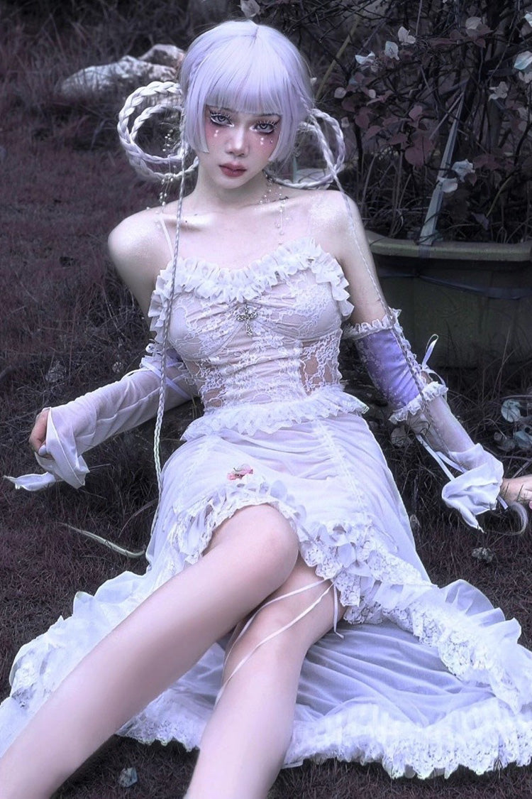 Ivory Drawstring Pleated Gothic JSK Dress with Embroidery - Redemption of the Deity