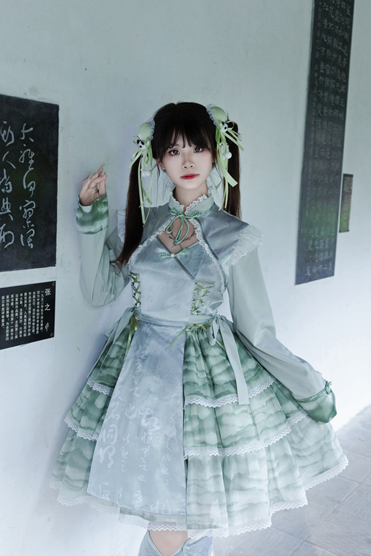 Cheongsam Ink Print Multilayer Bow Sweet Chinese Lolita Jumper Dress 2 Colors