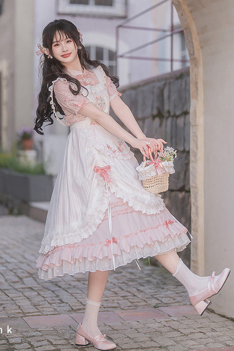 Blush Mandarin Collar Short Sleeve Ruffled Embroidered Lace Sweet Chinese Inspired Lolita Gown