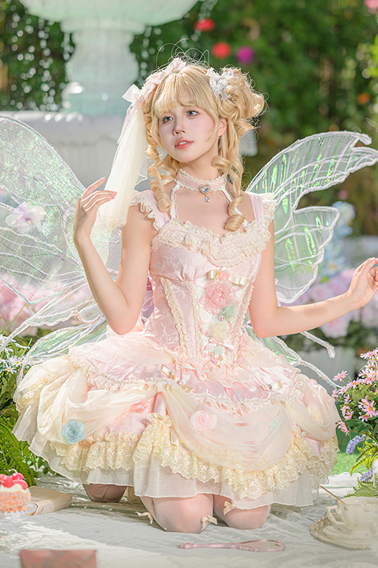 Dream Garden Ruffle Hanayome Embroidery Bow Lace Fishbone Princess Gorgeous JSK Dress in Pink