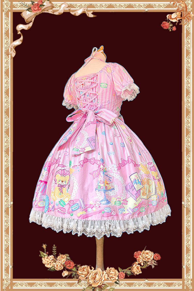 Pink Square Collar Lantern Sleeve Sweet Lolita Dress with Bow Print - Macarons Dolly House
