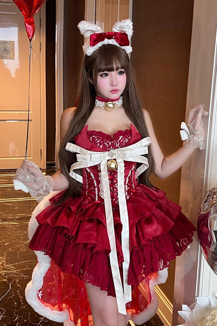 Red Sleeveless Triple-Layered Ruffle Hollow Bow Lace-Up Ballet Dress