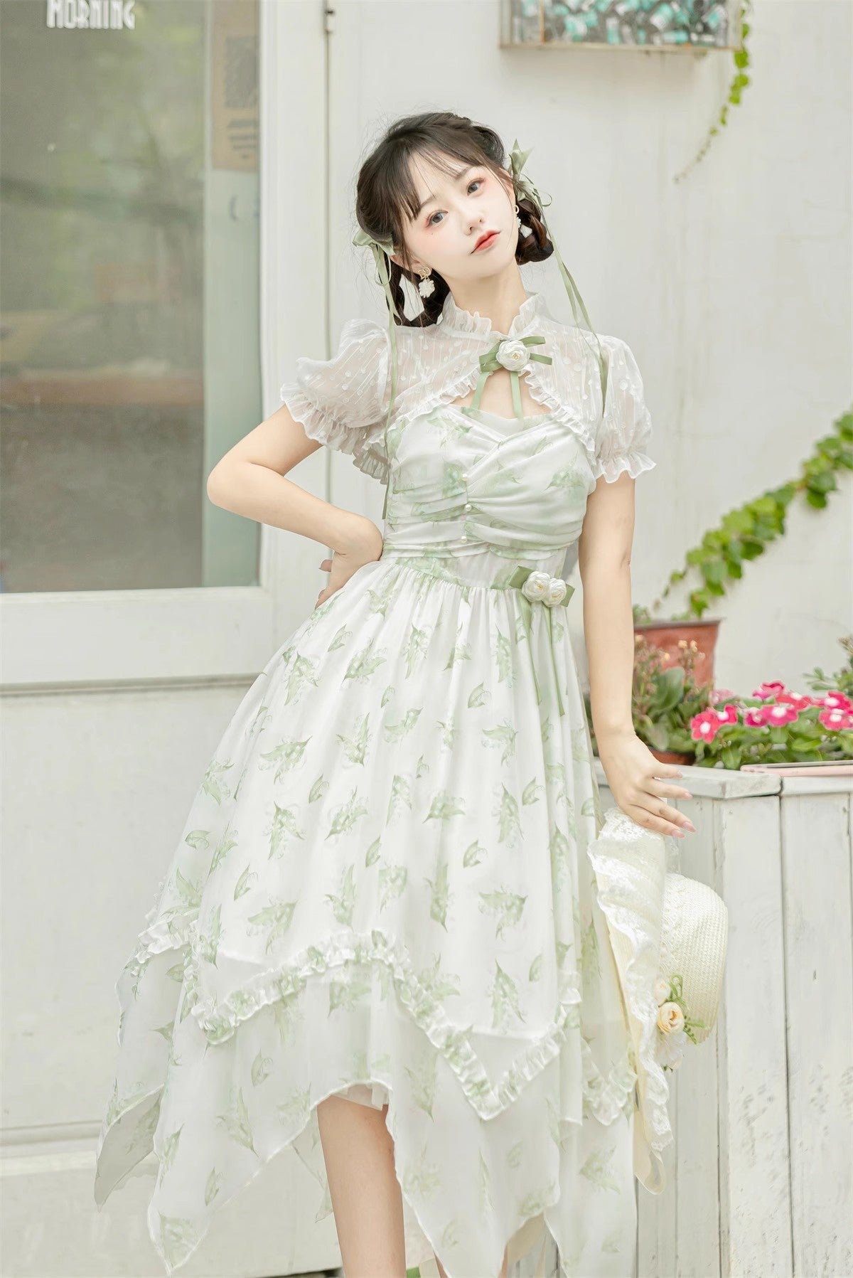 Spring Jacquard Print JSK Dress with Bowknot and Irregular Hem