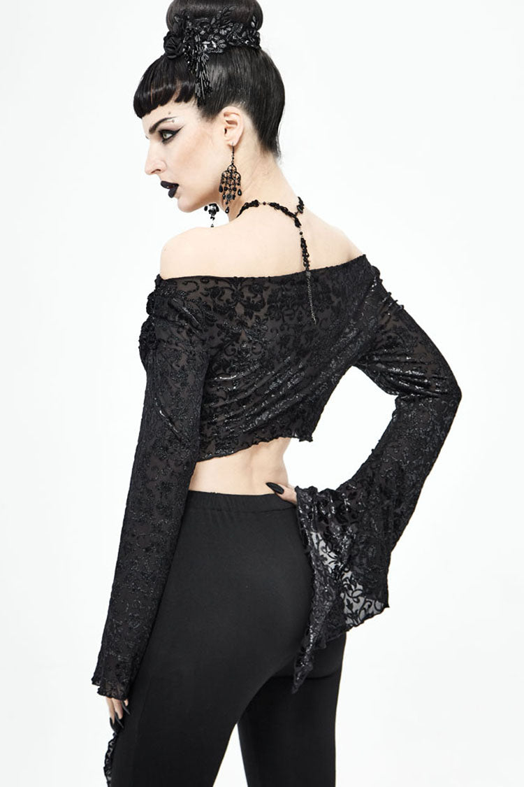 Jet-Black Off-Shoulder Punk Shirt with Burned Velvet Texture