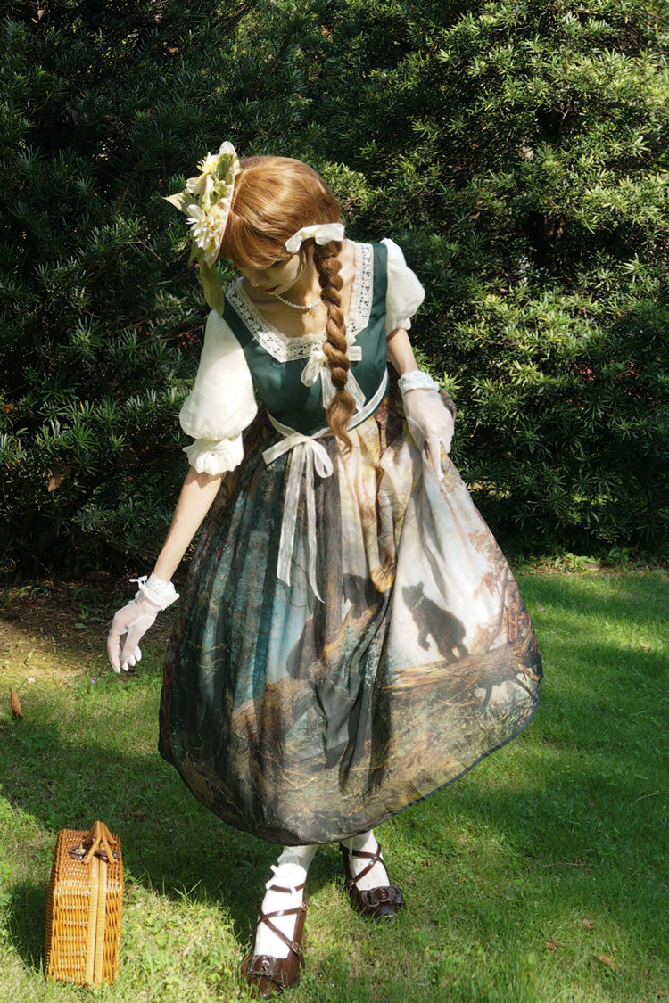 Oil Painting Square-Collar Lolita Dress with Tie-Dye Print