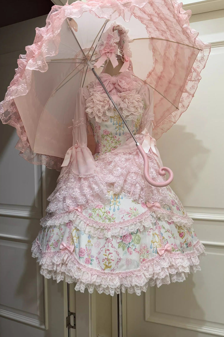 Ivory & Pink Sleeveless Floral Wall Print Lace Bow Sweet Lolita JSK Dress