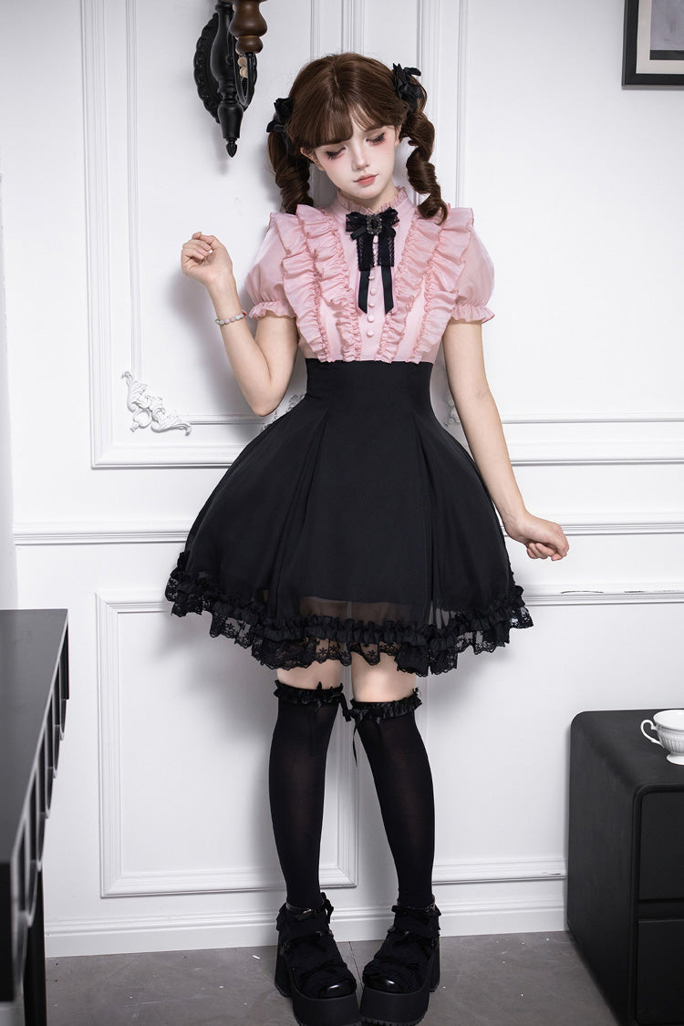 Miss Lola Snow Kiss Stand Collar Short Puff Sleeves Ruffled Color-Blocked Faux Two-Piece Sweet Lolita Dress 3 Colors - Black