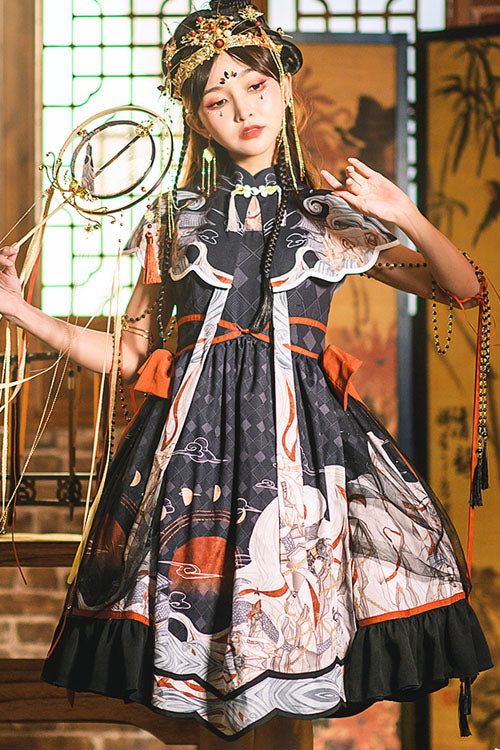 Classic Lolita OP Dress with Chang'e Moon Print and Ruffles