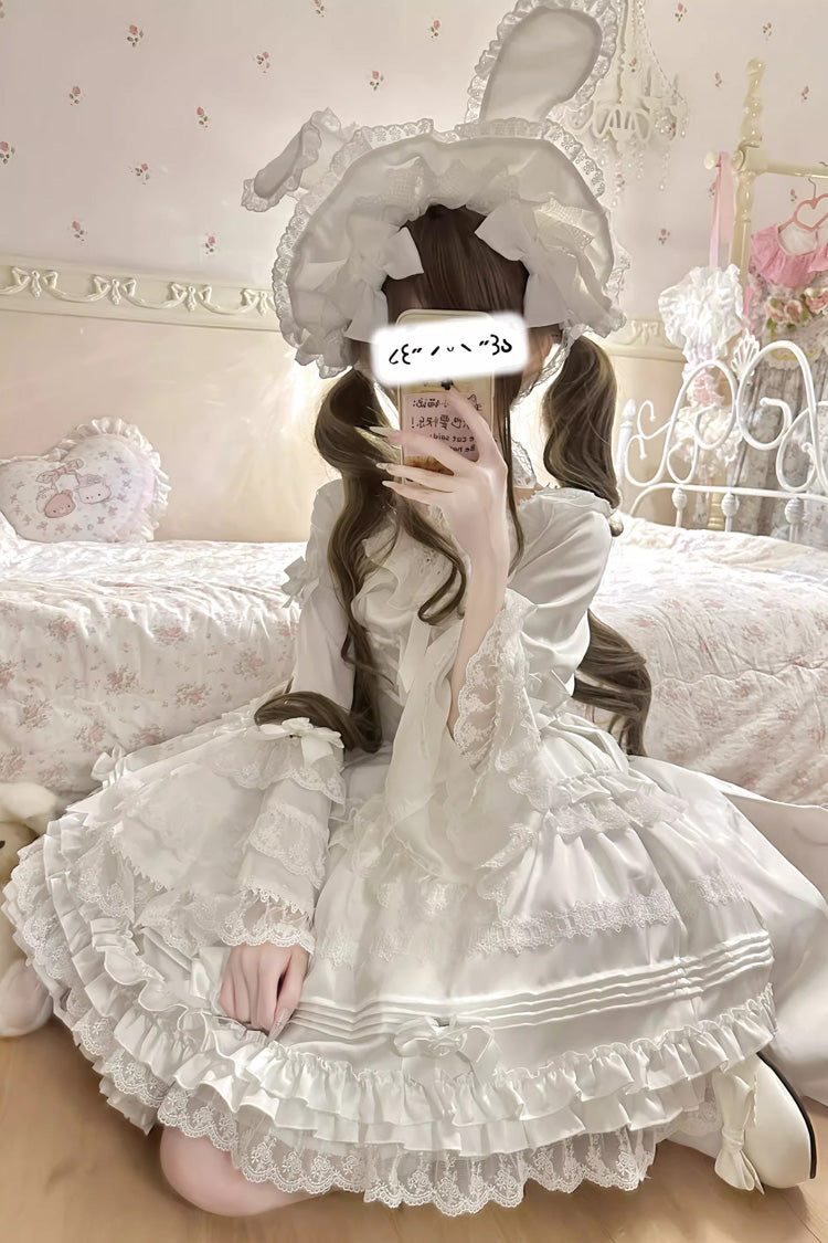 Ivory Layered Frosting Ruffle Bow Lace Sweet Dress