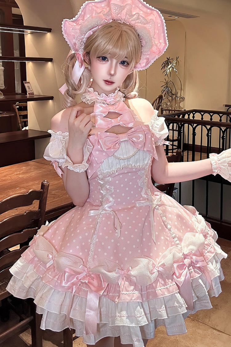 Pink Halter Polka Dot Bow Lace-Up Lolita Gown