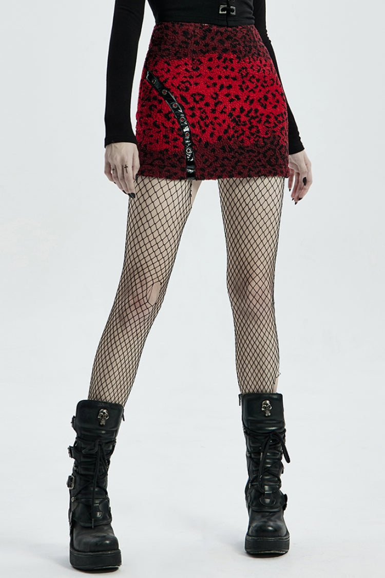 Crimson Leopard Print Leather Strap Steampunk Mini Skirt