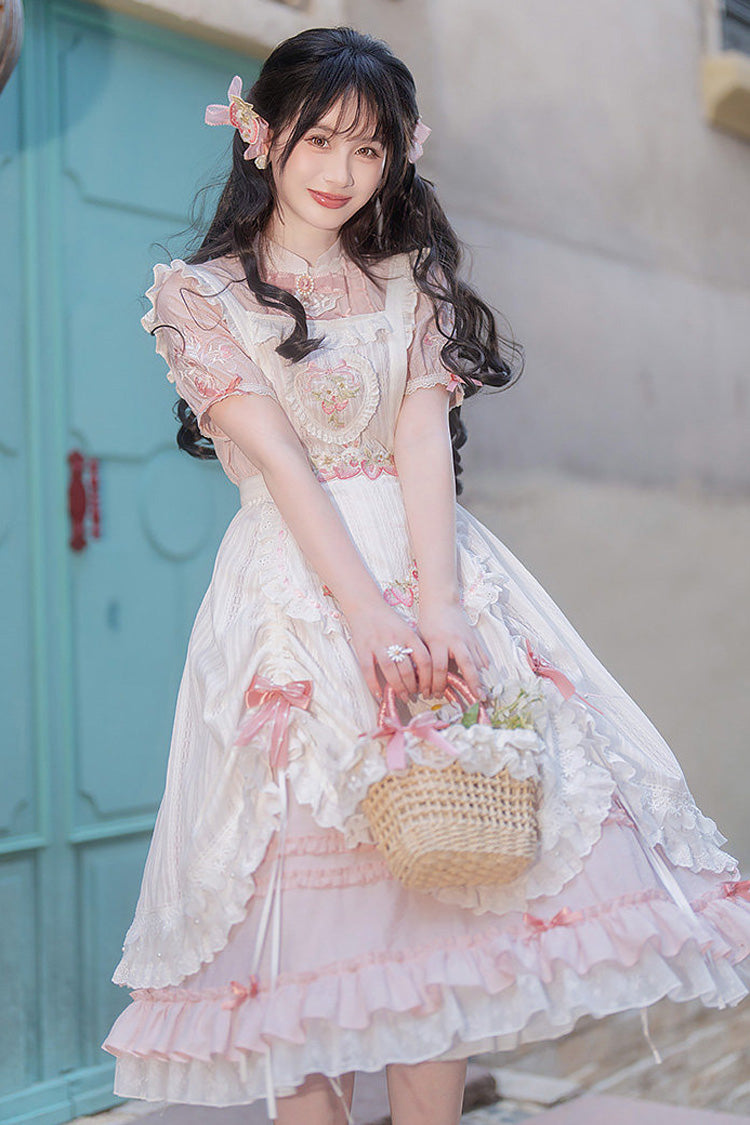 Blush Mandarin Collar Short Sleeve Ruffled Embroidered Lace Sweet Chinese Inspired Lolita Gown