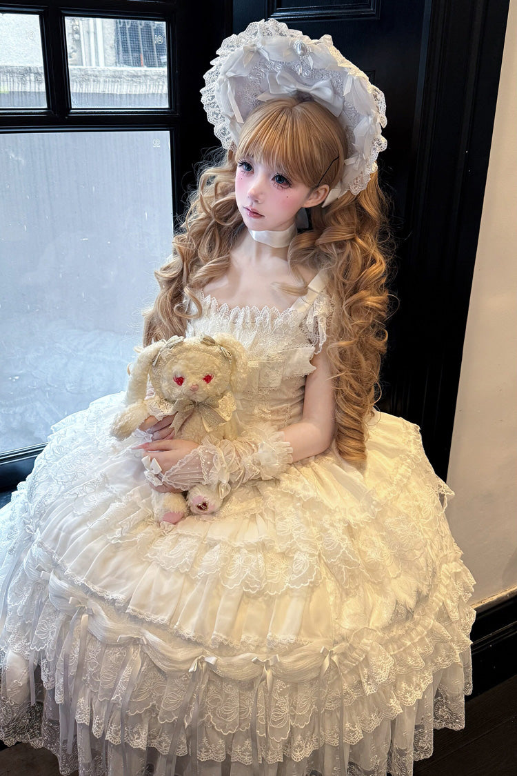 Ivory Square Collar Sleeveless Multi Bridal Embroidered Bow Lace JSK