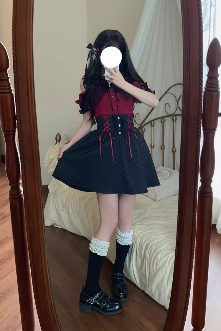 Overture to the Dead Off Shoulder Short Sleeves Ruffle Bowknot Lace-Up Gothic Jirai Kei Skirt Set - Black/Red