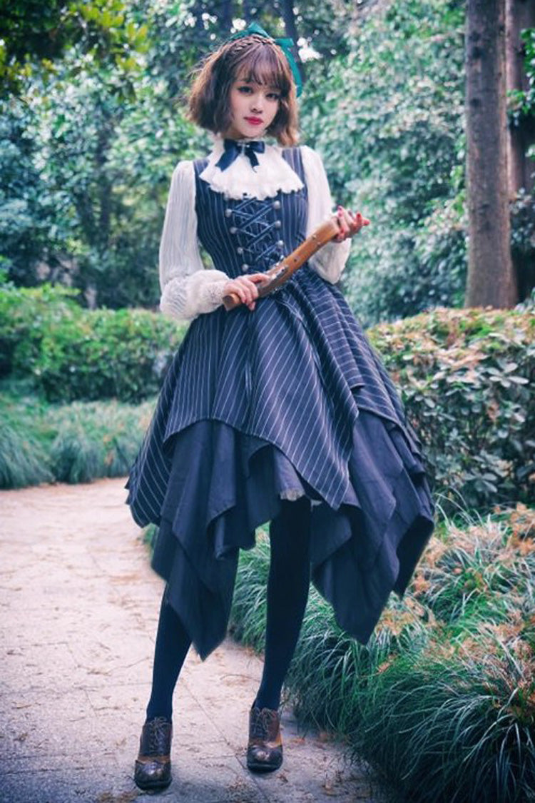 Striped Sleeveless Lace-Up Gothic Mini Dress with Asymmetric Hem