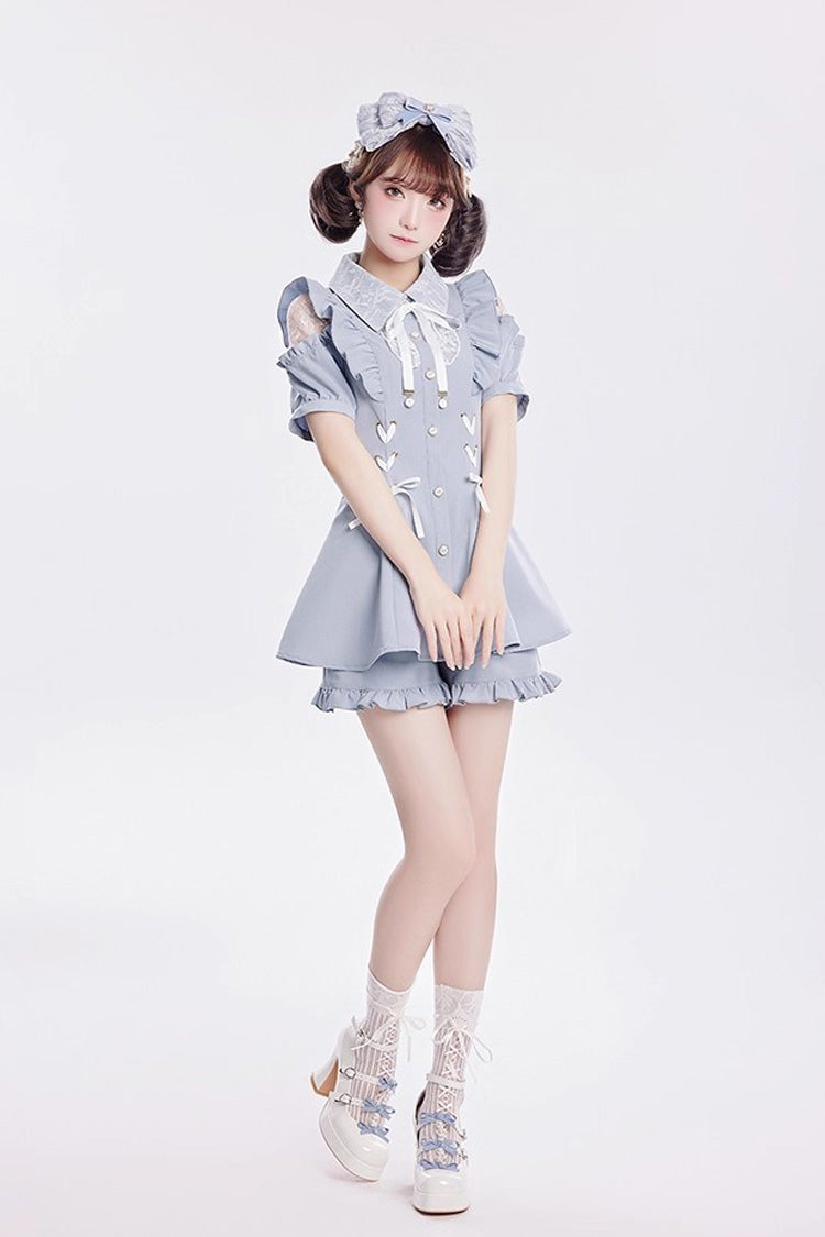 [Alice of Wednesday] Sweet Off Shoulder Short Sleeves Ruffle Bowknot Lace-Up Japanese Jirai Kei Dress Shorts Set 3 Colors