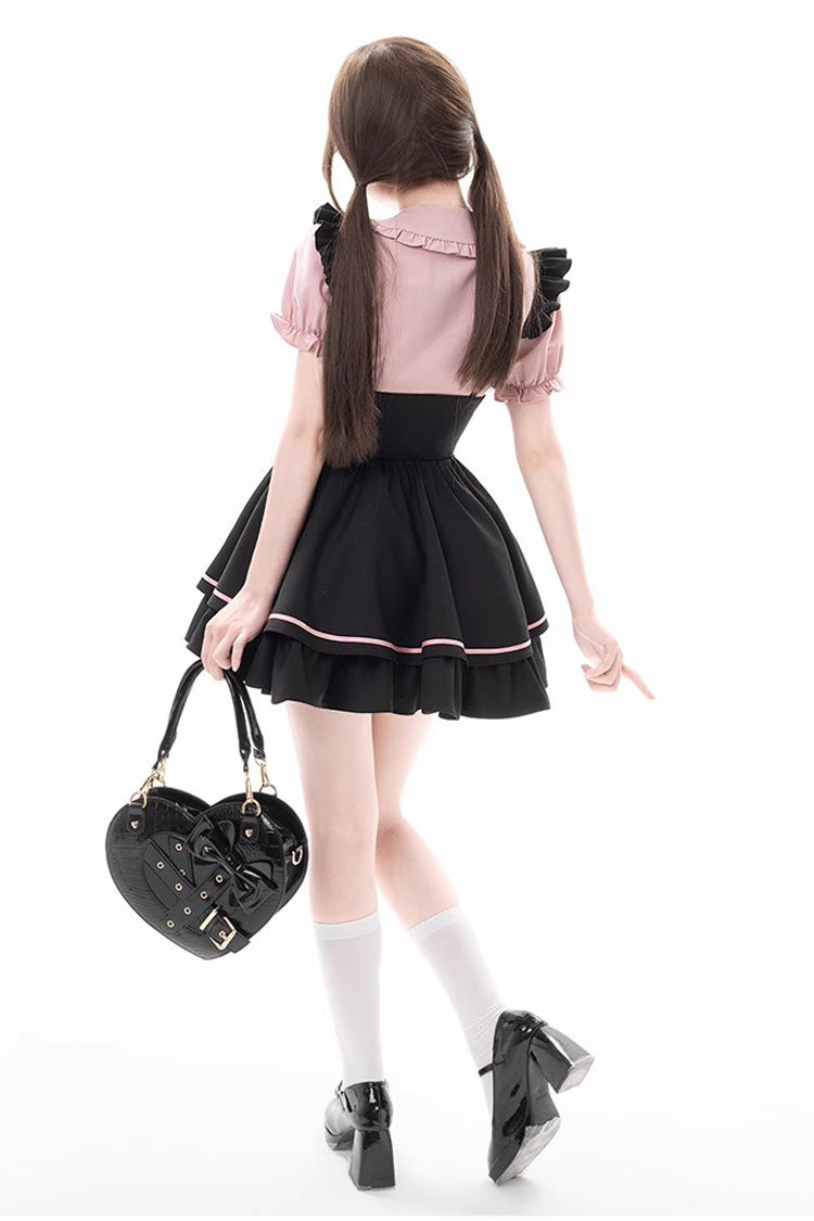 First Sakura Short Sleeves Multi-layer Lace-Up Sweet Jirai Kei Japanese Set - Black/Pink