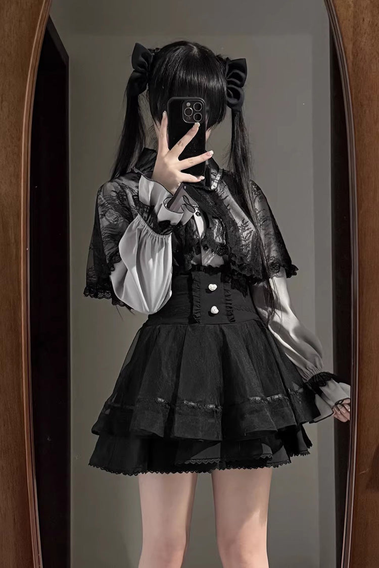 [Law of Disorder] Lapel Collar Long Sleeves Bow Lace Sweet Jirai Kei Skirt and Top 3 Colors