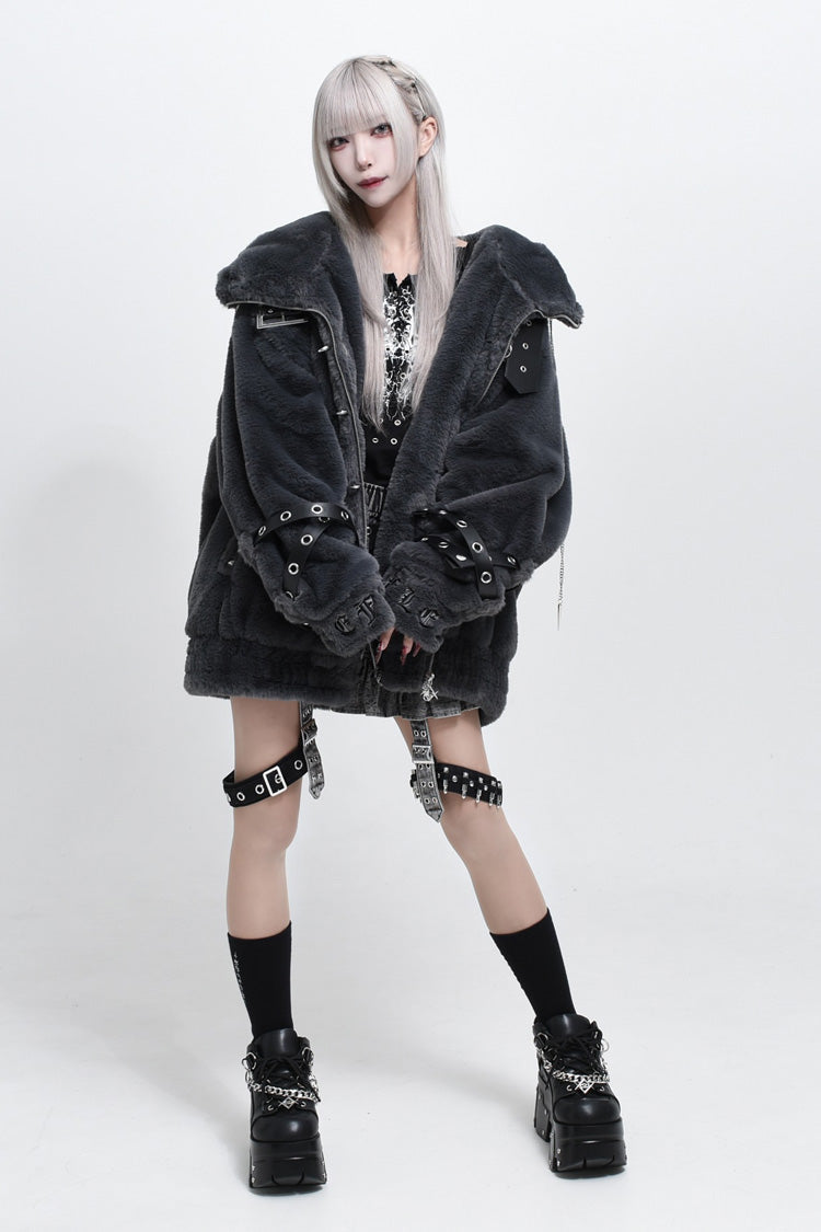 Hooded Punk Jirai Coat with Cross Leather Buckles in Two Tones