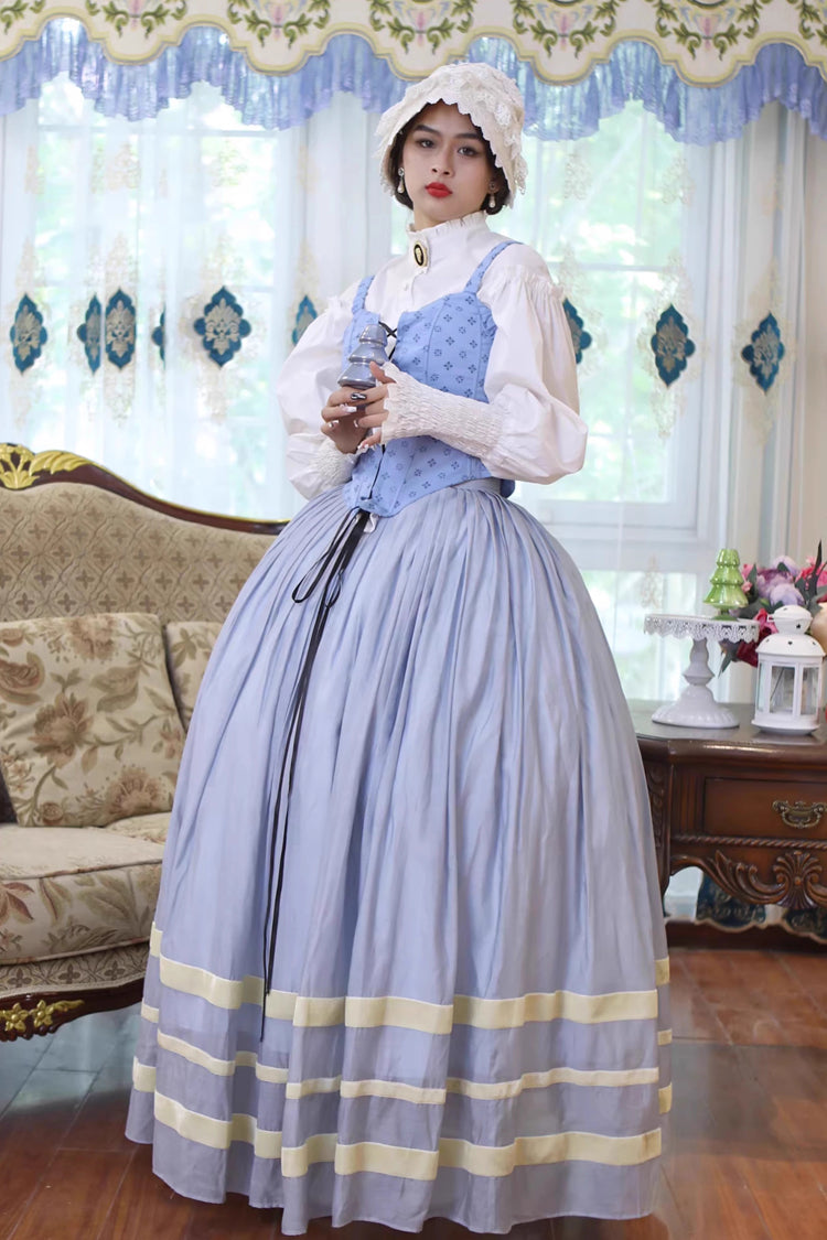 Light Blue Puffed Sleeve Corset Dress with Lace-Up and Fishbone Detail