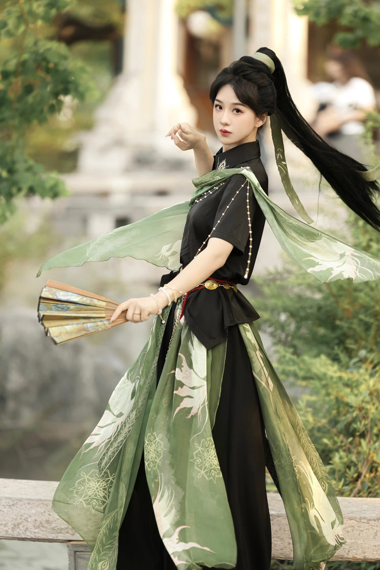 Embroidered Lapel Collar Short Sleeve Wuxia Hanfu Pants Set