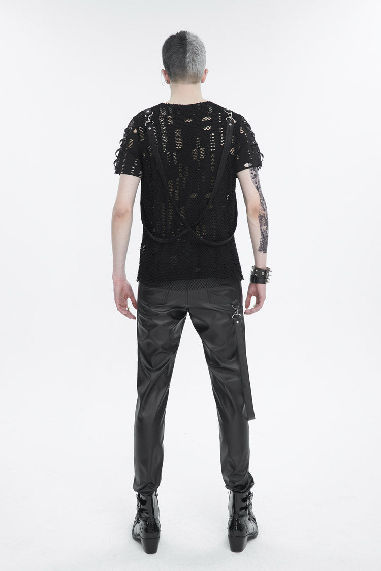 Punk T-Shirt for Men with Half Hollow Shoulder Tie Accent