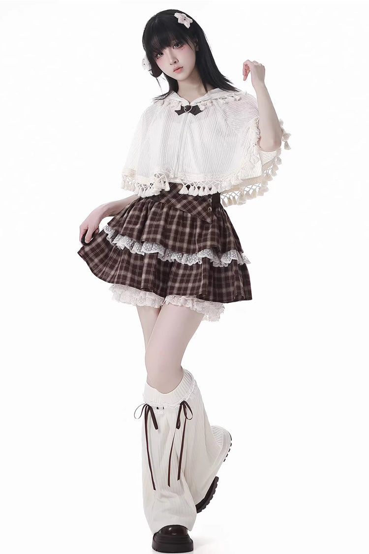 Brown Double-Layer Printed Ruffled Spliced Lace Sweet Skirt - Warm Summer Days