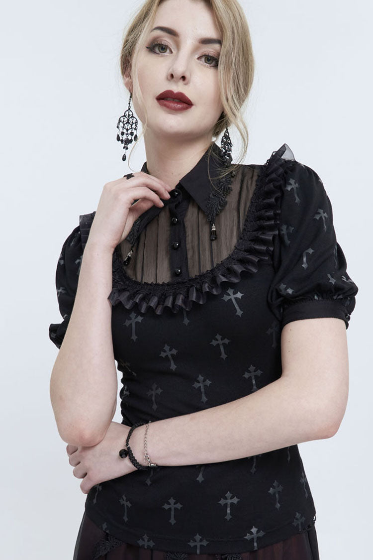 Punk Shirt with Cross Print Lace Collar Strap Pendant Chest Panel