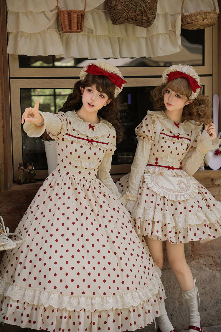 Apricot Sweet Elegant Lolita Dress with Cotton Round Collar Long Lantern Sleeves Polka Dot Print Ruffled Bow Lace