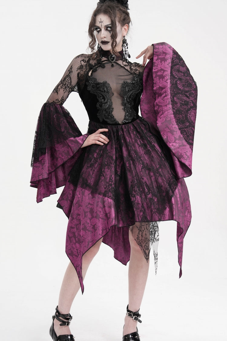 Black Purple Long Sleeves Embroidery Lace Up Irregular Mesh Gothic Dress
