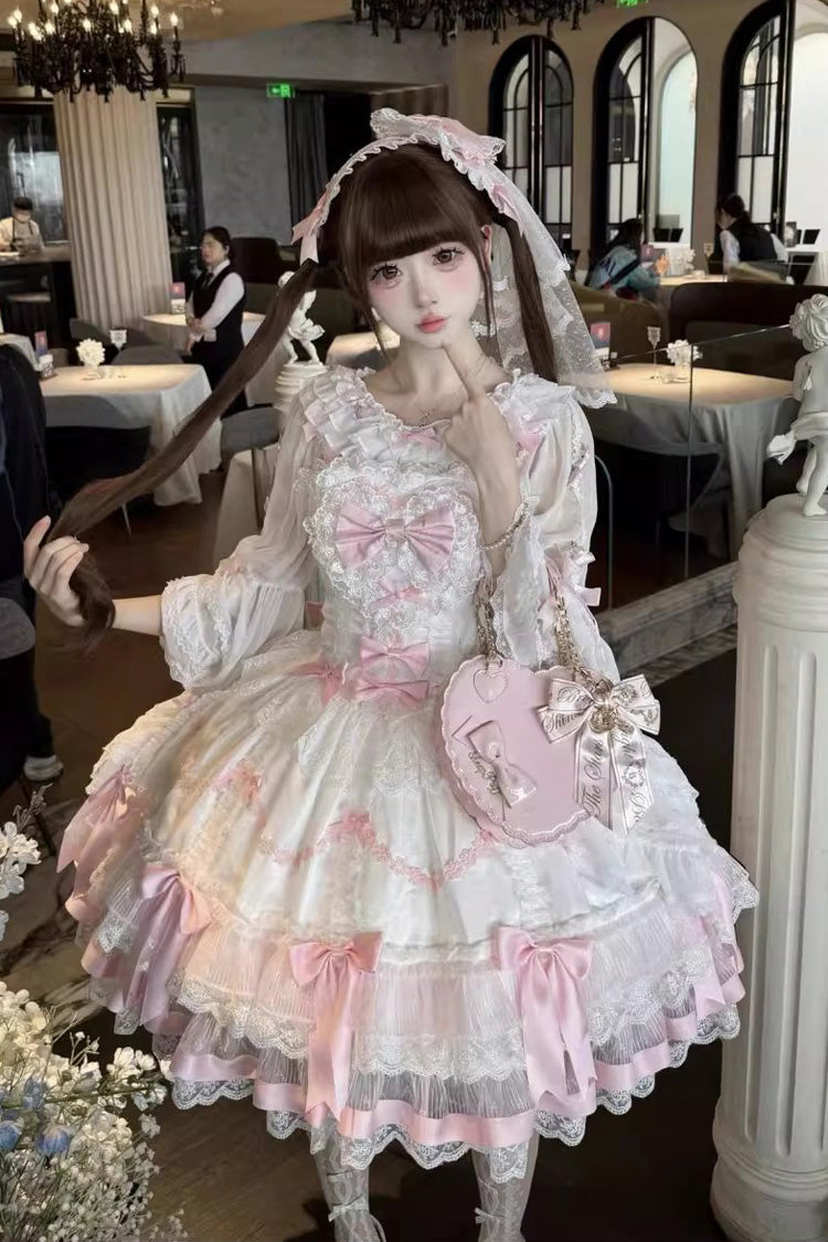 Pink White Scarlet Heart Cocoa Sleeveless Triple-Layered Ruffle Embroidery Lace Sweet Lolita Jsk Dress
