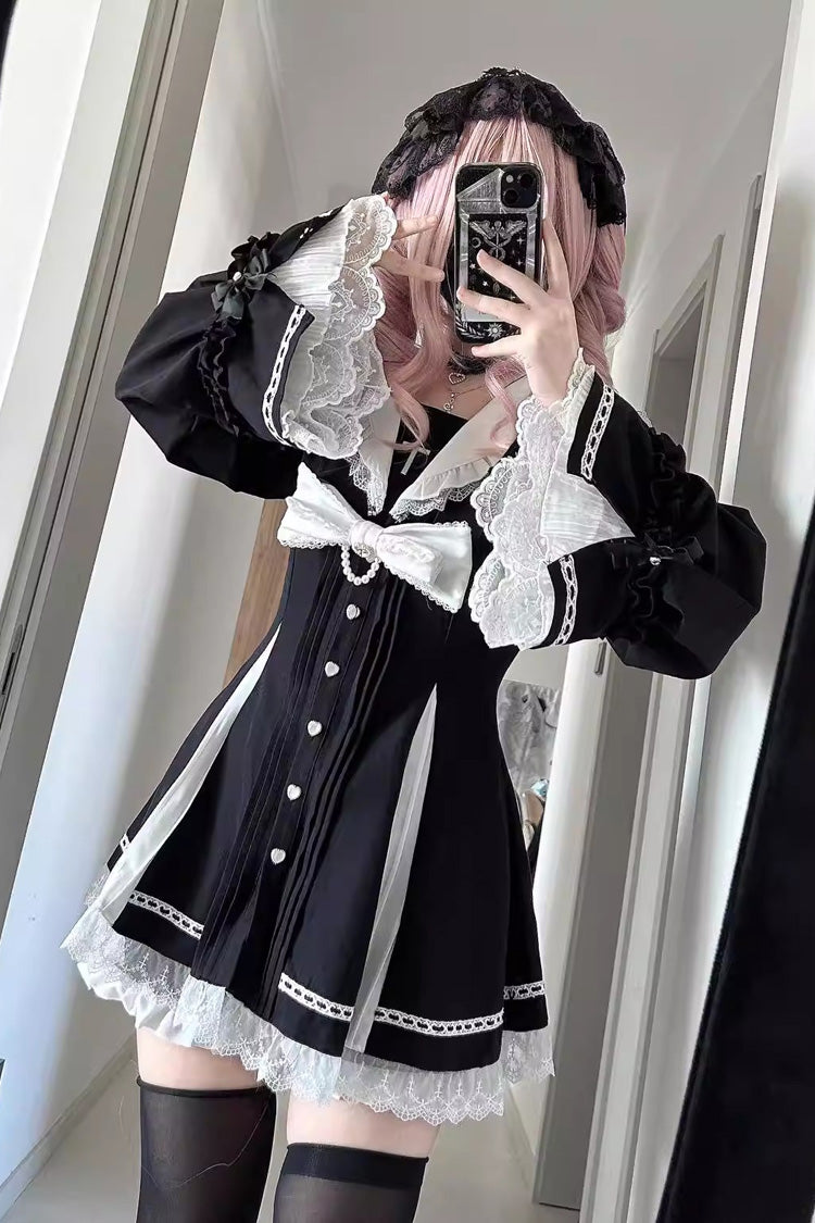 Sweet Square-Collar Bow Lace Pearl Jirai Kei Dress & Short Set