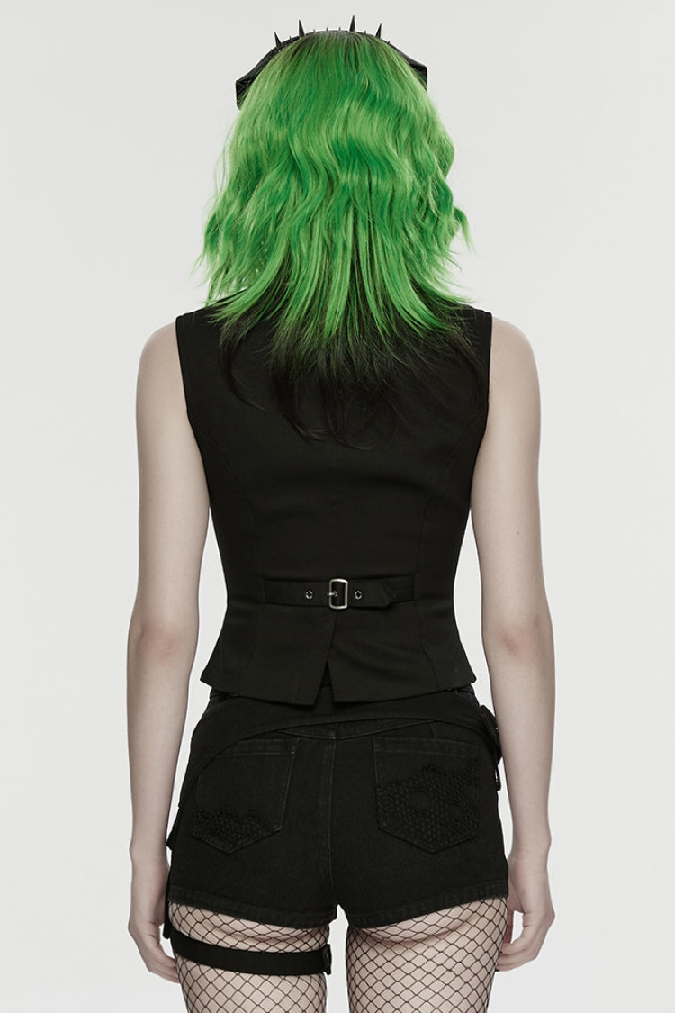 Embossed Studded Zippered Punk Sleeveless Vest with V-Neck