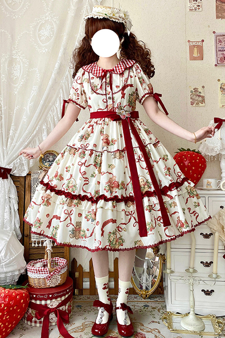 Bear Strawberry Garden Collar Short Sleeve Print Bow Sweet Lolita Dress