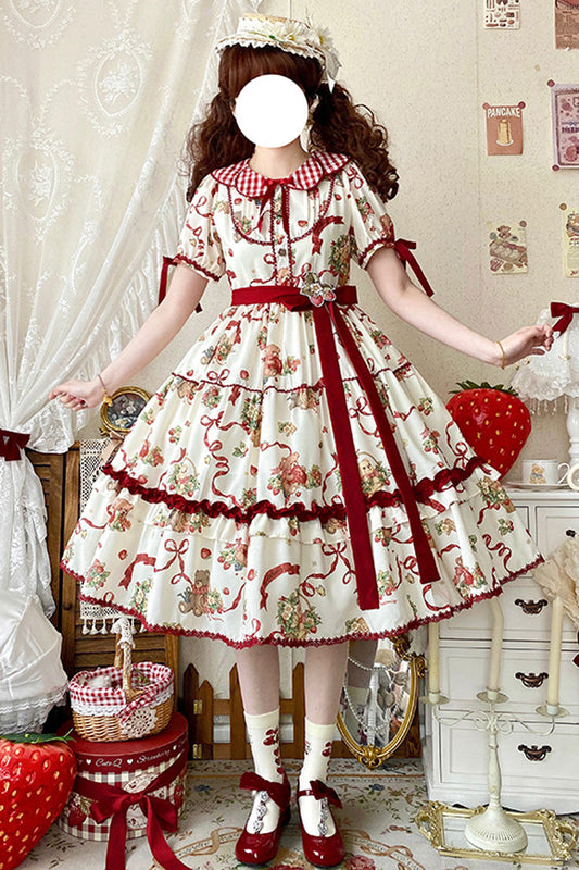Bear Strawberry Garden Collar Short Sleeve Print Bow Sweet Lolita Dress
