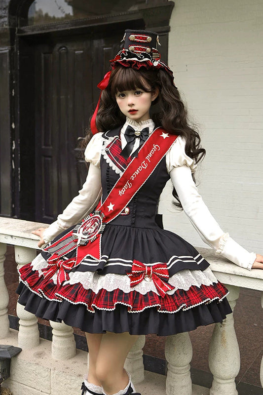 Classic Gothic V-Neck Multi-Layered Printed Ruffled JSK Dress - Honor Guard Gala