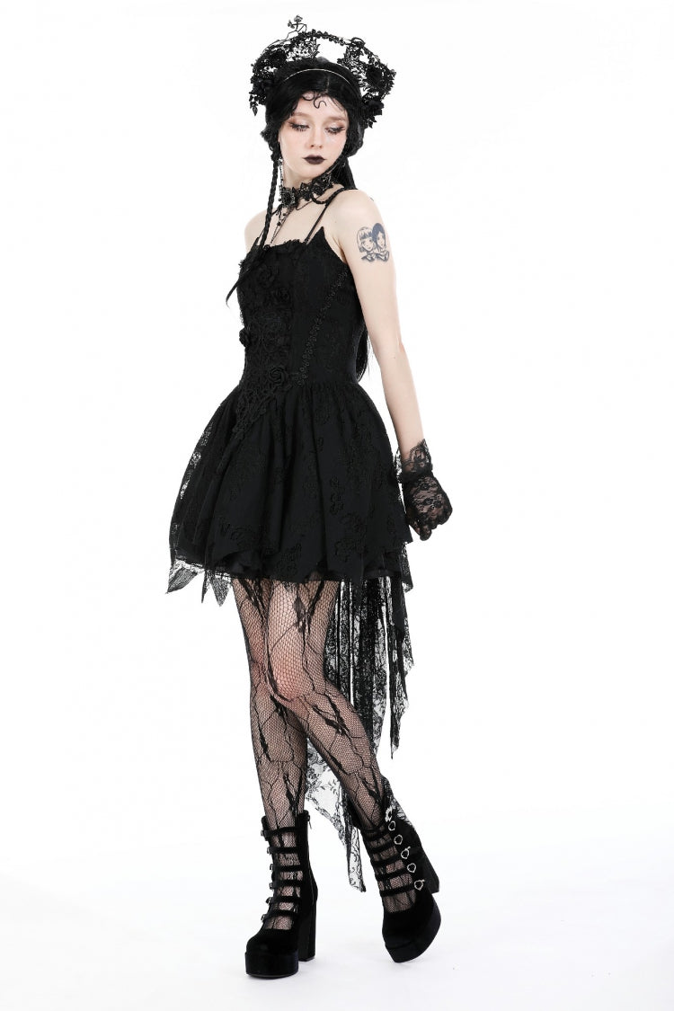Sleeveless Rose Lace Lace-Up Gothic High Low Dovetail Slip Wedding Dress
