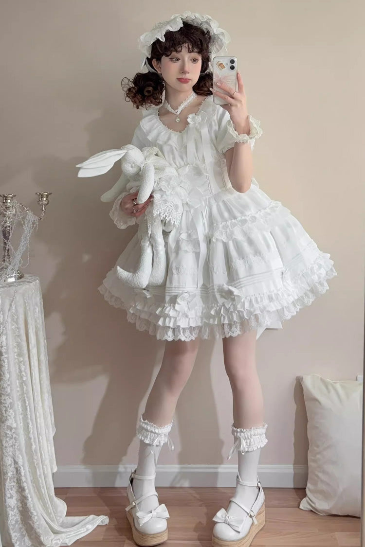 Ivory Layered Frosting Ruffle Bow Lace Sweet Dress