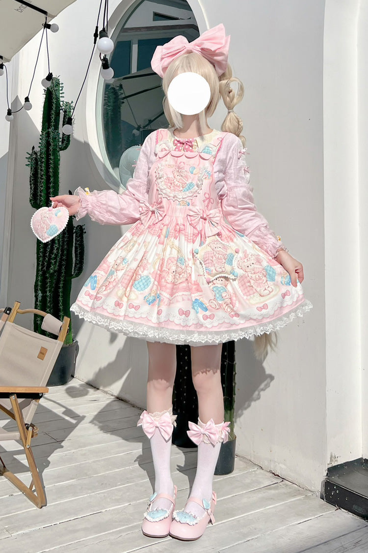 Kawaii Bears Printed Pink Bow Stitching Lace Sweet Lolita Strap Dress - Miss Brown