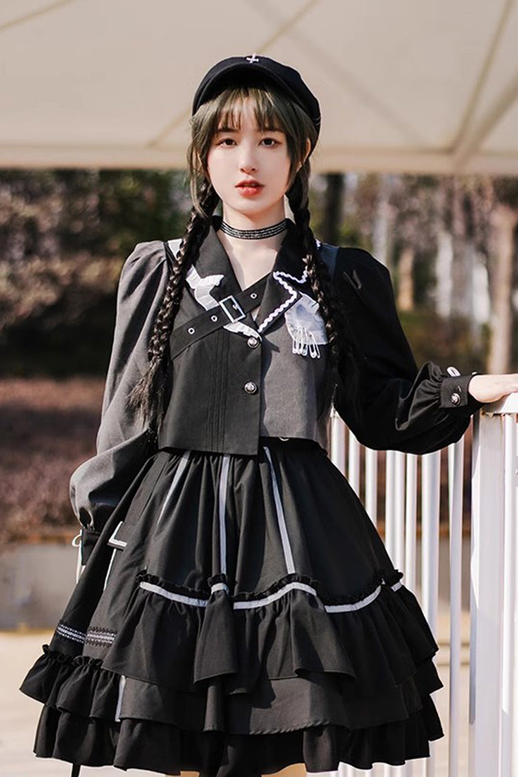 Gothic Lolita Dress Set with Reflective Strips and Ruffled Pleats